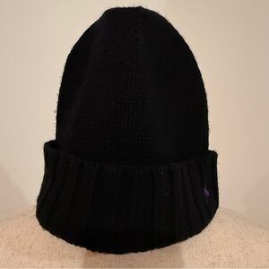 POLO by Ralph Lauren Lambs Wool Knit Cuffed Beanie in Black and Purple Logo